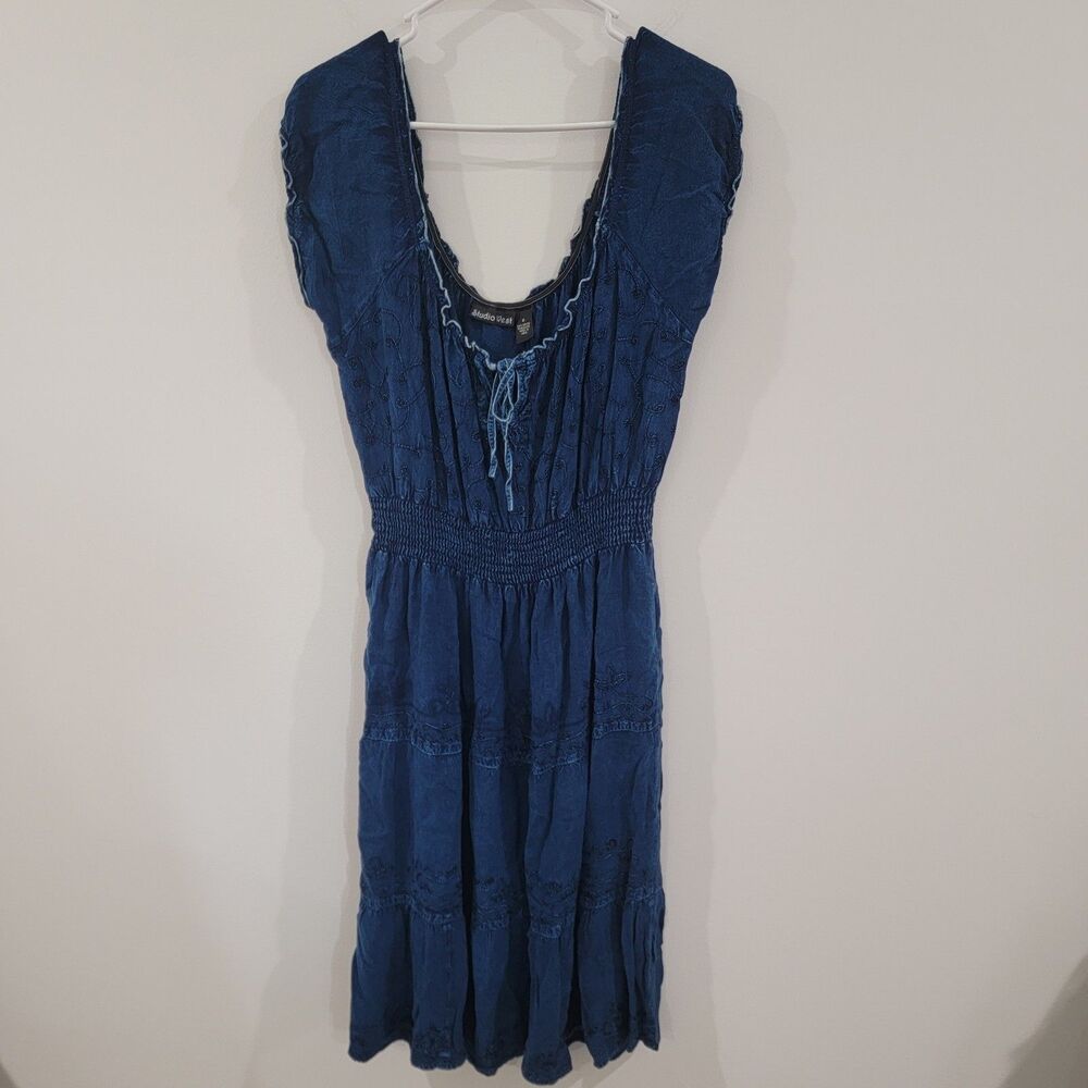 Vintage Studio West Womens Midi Dress‎ Size Small Embroidered Chambray Milkmaid